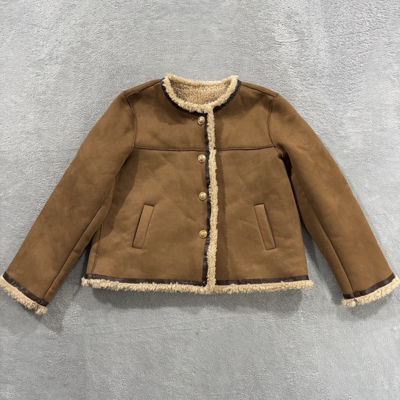 Fashion Classic Jackets & Blazers - Fashion Classic Sherpa Faux Suede Jacket Womens S - M Button Quiet Luxury Beige